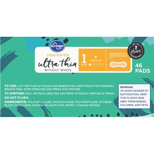 Kroger Ultra Thin Pads without Wings Regular Size 1 Unscented 46 count