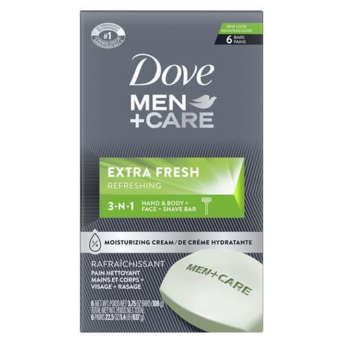 Dove Men + Care 3 In 1 Cleanser For Body, Face, And Shaving To Clean And Hydrate Skin Extra Fresh Body And Facial Cleanser More Moisturizing Than Bar Soap 3.75 Oz 6 Bars