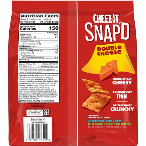 Cheez-It Snapd Cheese Cracker Chips, Thin Crisps, Lunch Snacks, Double Cheese, 7.5Oz Bag (1 Bag)