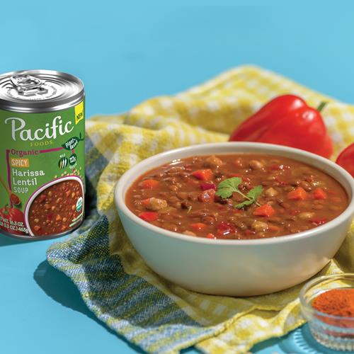 Pacific Foods Organic Spicy Harissa Lentil Soup, Plant Based, 16.3 Oz Can
