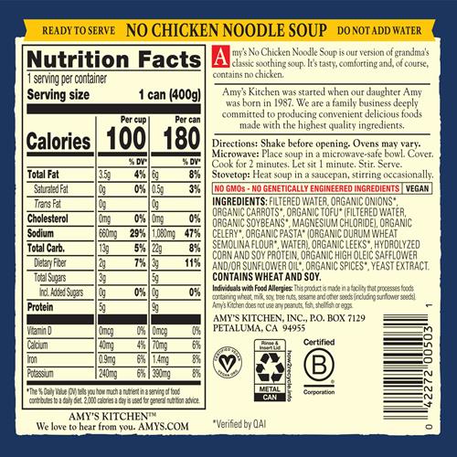 Amys Soup, Vegan, No Chicken Noodle Soup, Made With Organic Vegetables, 14.1 Ounce
