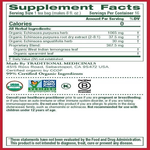 Traditional Medicinals Organic Echinacea Plus Seasonal Tea (Pack Of 1), Promotes Immune Function, 16 Tea Bags
