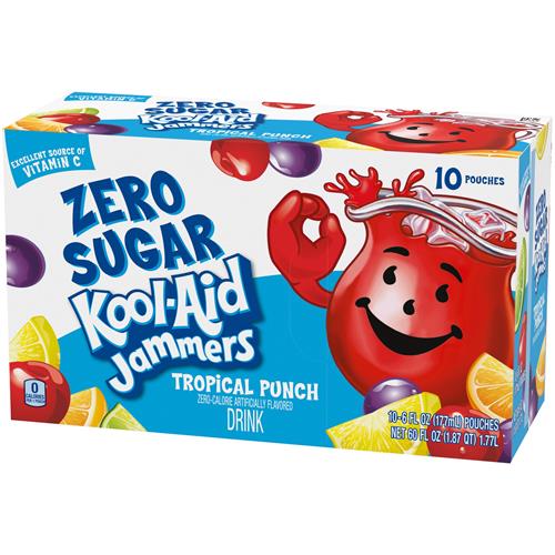 Kool-Aid Jammers Tropical Punch Zero Sugar Artificially Flavored Soft Drink, 10 Ct Box, 6 Fl Oz Pouches