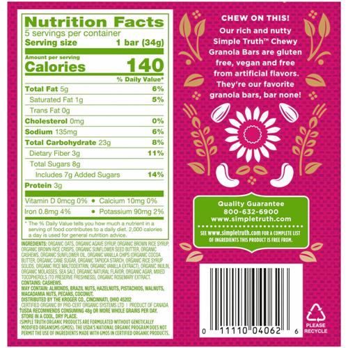 Simple Truth Organic Vanilla Chip Cashew & Sunflower Butter Energy Bars 5 ct