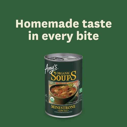 Amy’S Soup, Vegan Minestrone, Low Fat, Made With Organic Vegetables, Beans And Pasta In Tomato Broth, Canned Soup, 14.1 Oz