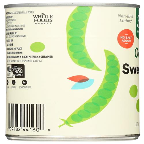 Whole Foods Market, Organic Sweet Peas No Salt Added, 15 Oz