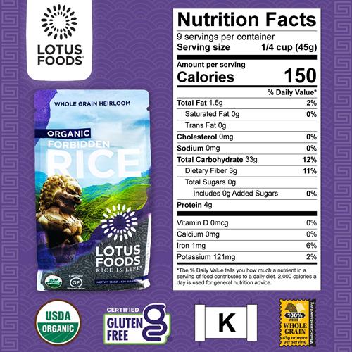 Lotus Foods Organic Forbidden Rice - Black Rice Organic, Purple Rice, Black Rice Bulk, Gluten Free Heirloom Rice, Whole Grain, Non Gmo, Vegan - 15 Oz Bag (Pack Of 1)