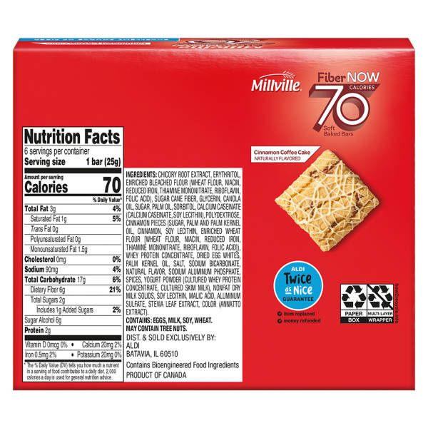 Millville Fiber Now 70 Calorie Cinnamon Coffee Cake Flavored Bars, 6 count
