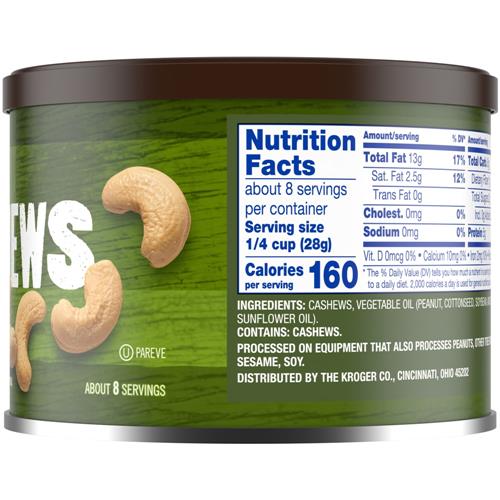 Kroger Whole Unsalted Cashews 8.5 oz