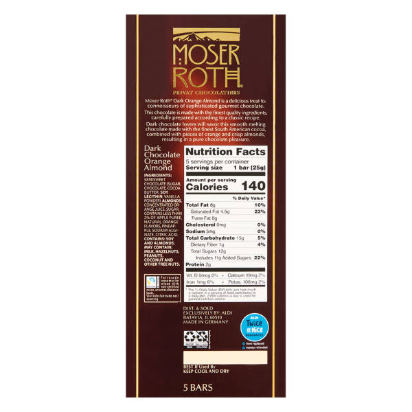 Moser Roth Dark Orange and Almond Chocolate Bar, 4.4 oz