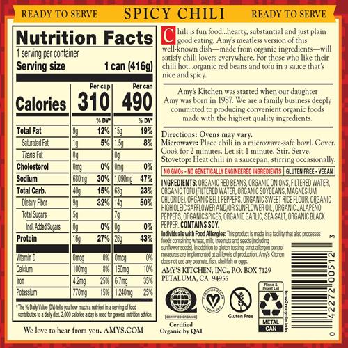 Amys Organic Chili, Vegan Spicy Chili, Gluten Free, Made With Red Beans And Tofu, 14.7 Oz