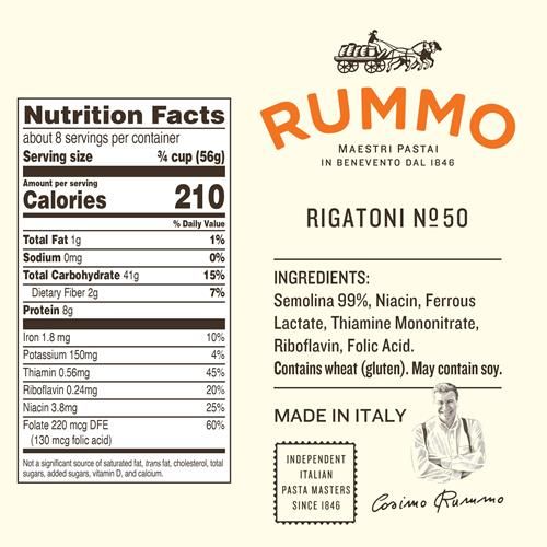 Rummo Rigatoni Pasta N.50 - Rigatoni Pasta Noodles, Italian Tube Pasta, Bronze Cut Pasta, Dry Pasta, Durum Wheat Pasta - 12 Ounce (Pack Of 1)