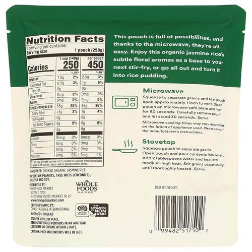 Whole Foods Market, Organic Jasmine Rice, 90-Second Microwave In Pouch, 9 Ounce