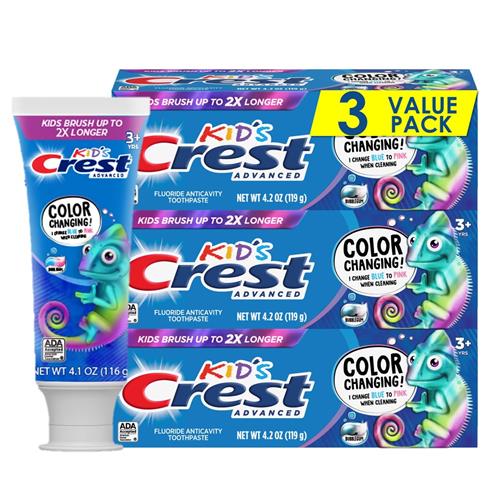 Crest Advanced Kids Fluoride Toothpaste, Bubblegum Flavor, 4.2 Oz, 3 Count, Color-Changing Anticavity Toothpaste