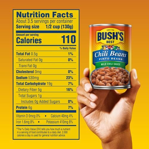 Bushs Best Canned Chili Beans, Pinto Beans In A Mild Chili Sauce, Source Of Plant Based Protein And Fiber, Low Fat, Gluten Free, 16 Oz