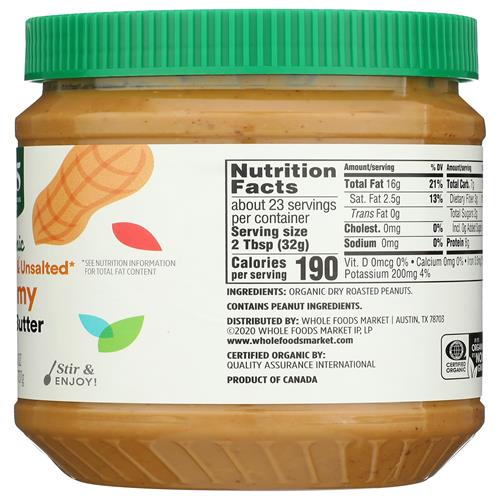 Whole Foods Market Organic Creamy Unsweetened No Salt Peanut Butter, 26 Ounce
