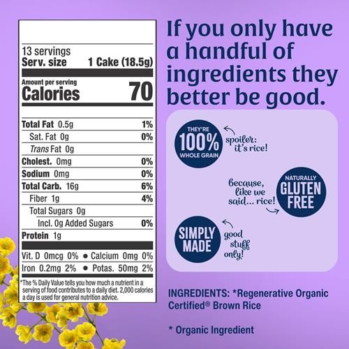 Lundberg Organic Brown Rice Cakes, Salt-Free, Gluten-Free, Vegan, Healthy Snacks, 8.5 Oz