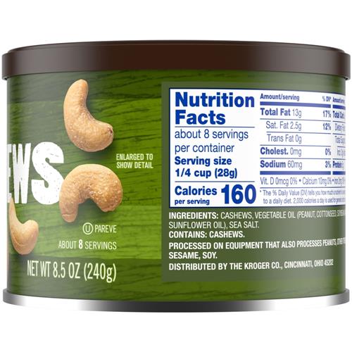 Kroger Whole Lightly Sea Salted Cashews 8.5 oz