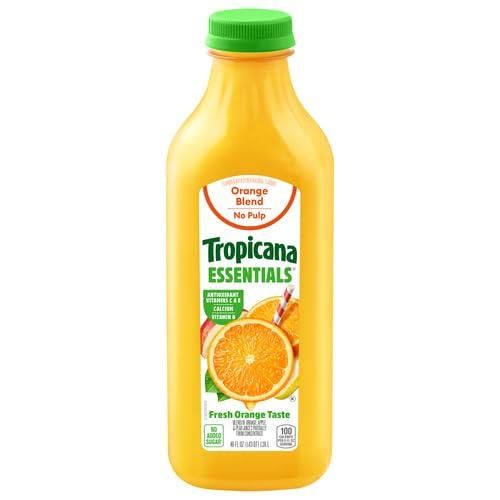 Tropicana Essentials 100% Orange Juice Blend, No Pulp, Calcium + Vitamins C, D, E, No Added Sugar, 46 Fl Oz Bottle