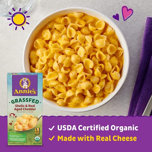 Annies Organic Macaroni And Cheese Dinner, Shells And Real Aged Cheddar, Grassfed, 6 Oz