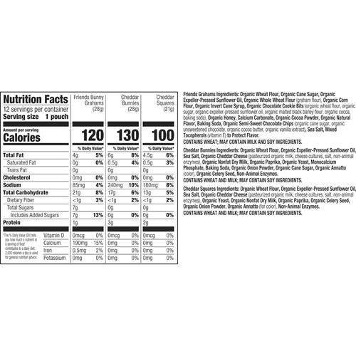 Annies Organic Variety Pack, Cheddar Bunnies, Bunny Grahams And Cheddar Squares, 12 Pouches, 11 Oz