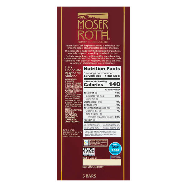 Moser Roth Dark Chocolate Raspberry Almond Bar, 4.4 oz