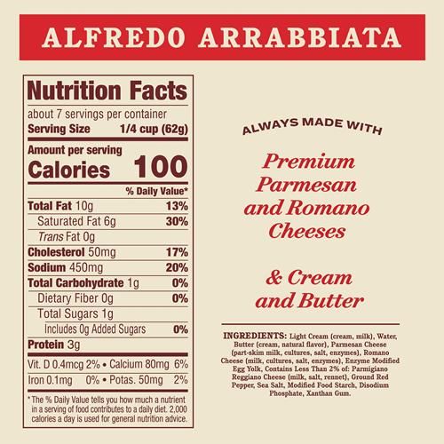 Raos Homemade Alfredo Arrabbiata Sauce, 15 Oz, Pasta Sauce, Premium Quality Blend Of Parmesan & Romano Cheese, Rich And Creamy With A Kick Of Heat