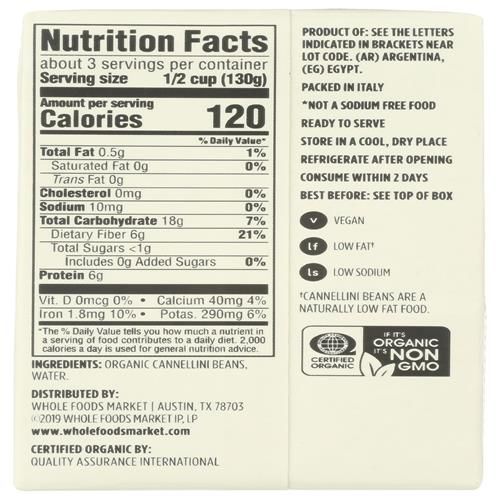 Whole Foods Market Organic Unsalted Cannellini Beans, 13.4 Oz