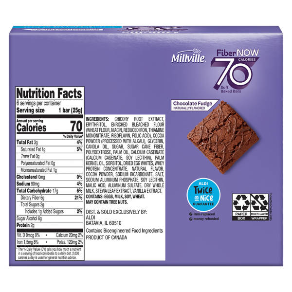 Millville Fiber Now 70 Calorie Chocolate Fudge Flavored Bars, 6 count