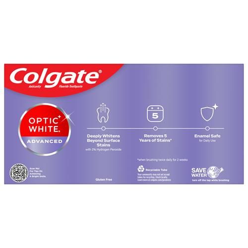 Colgate Optic White Advanced Teeth Whitening Toothpaste, 2% Hydrogen Peroxide Toothpaste, Icy Fresh, 4.5 Oz, 2 Pack