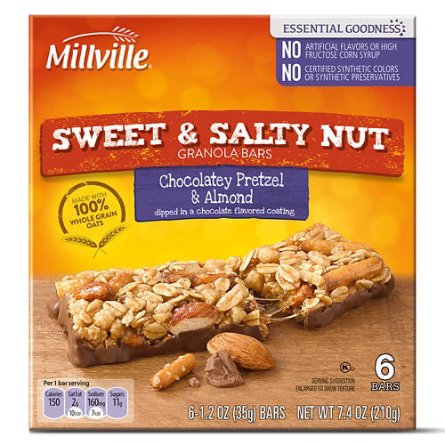 Millville Sweet and Salty Nut Chocolatey Pretzel and Almond Granola Bars, 6 count