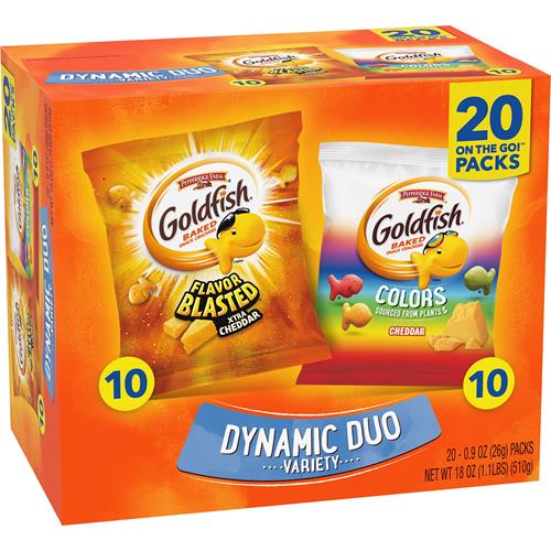 Goldfish Dynamic Duo Variety Pack, Colors Cheddar & Flavor Blasted Xtra Cheddar, Snack Packs, 20 Ct