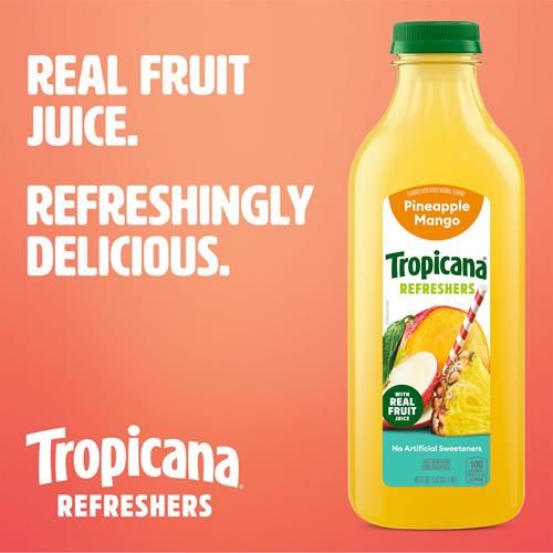 Tropicana Refreshers Pineapple Mango Juice Drink, With Real Fruit Juice, 46 Fl Oz Bottle