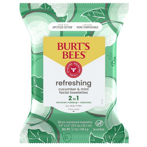 Burts Bees Refreshing Facial Towelettes With Cucumber And Mint, Pre-Moistened Towelettes For All Skin Types, 99 Percent Natural Origin Skin Care, 30 Ct. Package