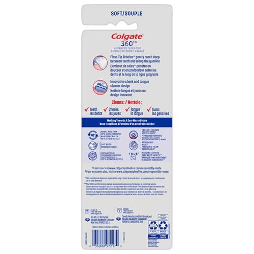Colgate 360 Advanced Floss Tip Toothbrush, Soft Toothbrush For Adults, 4 Pack