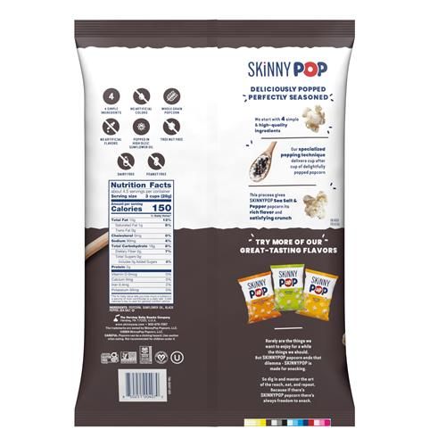 Skinnypop Sea Salt & Pepper Popcorn, Gluten Free, Non-Gmo, Healthy Popcorn Snacks, Skinny Pop, 4.4Oz Grocery Size Bag