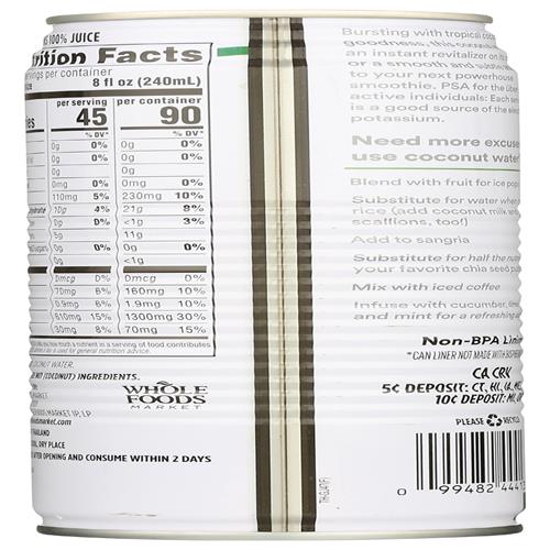 Whole Foods Market, Coconut Water, 100% Pulp-Free, 17.6 Fl Oz