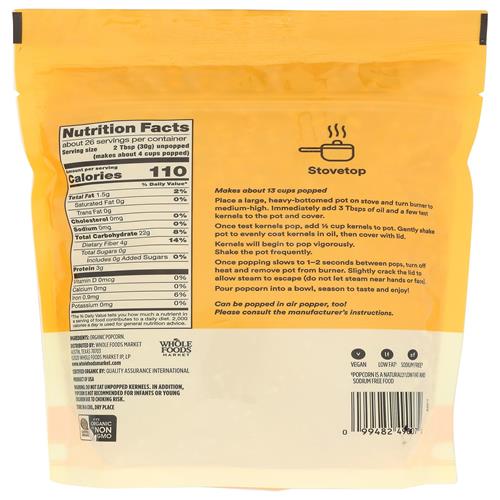 Whole Foods Market, Organic Yellow Popcorn Kernels, 28 Oz