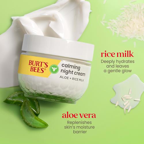 Burts Bees Calming Night Cream, With Aloe And Rice Milk, Face Moisturizer For Sensitive Skin Infuses Skin With Moisture While You Sleep, 98.8 Percent Natural Origin, 1.8 Oz. Tub