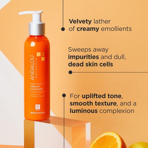 Andalou Naturals Complexion Evening Meyer Lemon + C Creamy Cleanser, Face Wash For Uplifted Tone & Smoother Texture, Helps Renew Skin Vitality & Even Complexion, Cruelty Free, 6 Oz