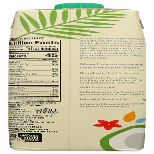 Whole Foods Market, Organic Coconut Water, 100% Pulp-Free Juice, 33.8 Fl Oz