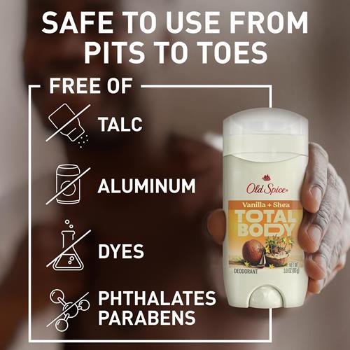 Old Spice Whole Body Deodorant Stick For Men, Aluminum Free, Vanilla + Shea Scent, 24/7 Odor Protection, 24/7 Lasting Freshness, Dermatologist Tested, Gentle On Skin, Safe To Use All Over, 3.0 Oz