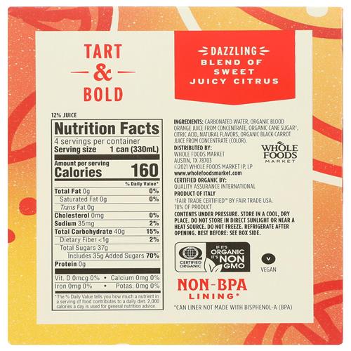 Whole Foods Market 4 Pack Organic Italian Soda, Blood Orange, 11.2 Fluid Ounce