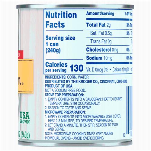 Kroger No Salt Added Whole Kernel Sweet Golden Corn 8.5 oz