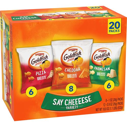 Goldfish Crackers Say Cheeeese Variety Pack With Cheddar, Pizza And Parmesan, Snack Packs, 20 Ct