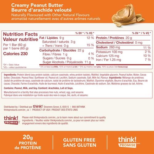 Think! Protein Bars, High Protein Snacks, Gluten Free, Sugar Free Energy Bar With Whey Protein Isolate, Creamy Peanut Butter, Nutrition Bars Without Artificial Sweeteners, 2.1 Oz (10 Count) - Pac