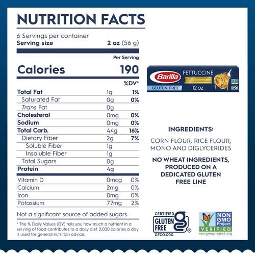 Barilla Gluten Free Fettuccine, 12 Ounce - Non-Gmo Gluten Free Pasta Made With Blend Of Corn & Rice - Vegan Pasta
