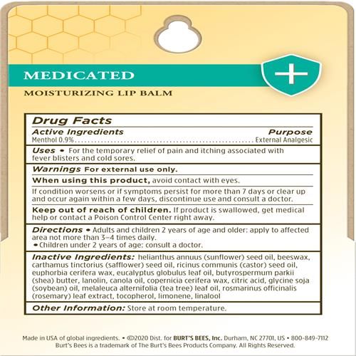 Burts Bees Medicated Lip Balm, With Eucalyptus Oil And Menthol, Tint-Free, Natural Origin Lip Care, 2 Tubes, 0.15 Oz.