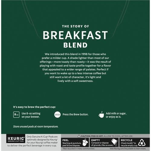 Starbucks K-Cup Coffee Pods, Medium Roast Coffee, Breakfast Blend, 100% Arabica, 1 Box (32 Pods)