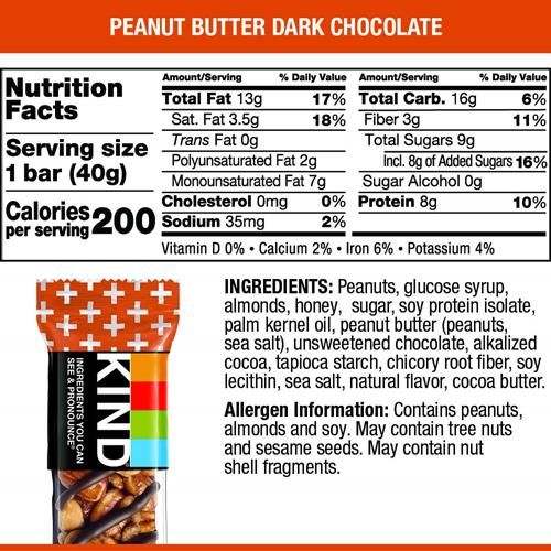 Kind Nut Bars, Peanut Butter Dark Chocolate, Healthy Snacks, Gluten Free, 8G Protein, 6 Count